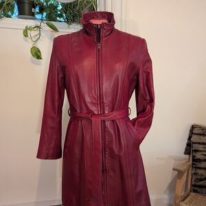 Women's Burgundy Leather Belted Jacket